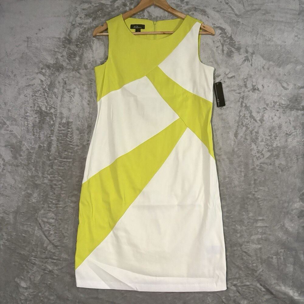 AGB Yellow White Geometric Colorblock Sleeveless Sheathe Dress Size 8 Crew Neck